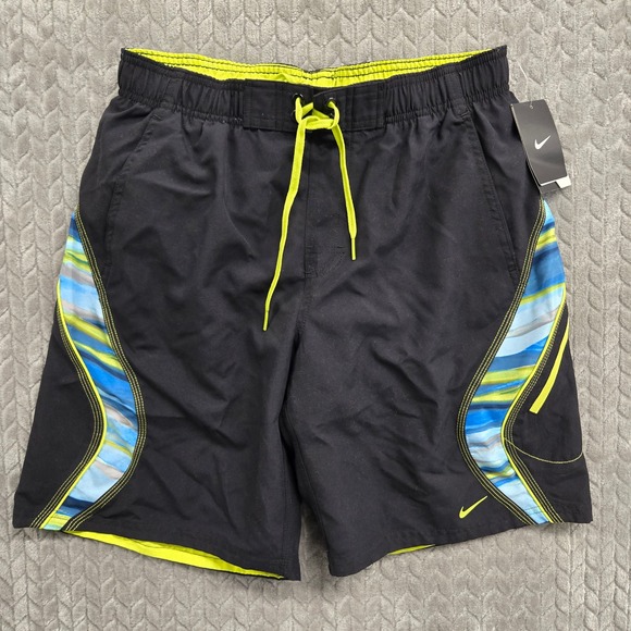 Nike Men's Swim Trunks Black Blue Yellow Striped Swimsuit Shorts Medium NWT - Picture 1 of 11